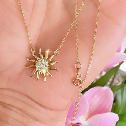 14K Gold Sun Pendant + Necklace