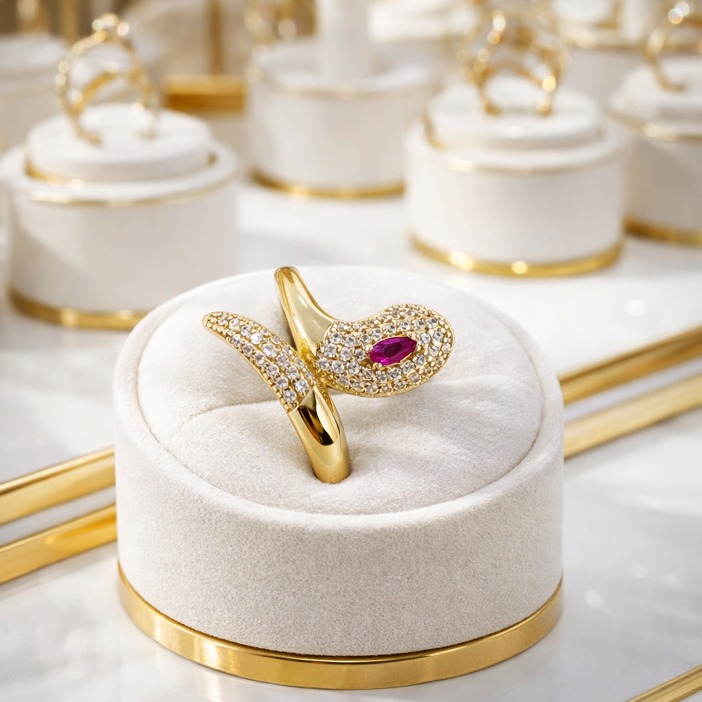 14K Gold Snake Ring with Ruby and Pavé Cubic Zirconia - Size 9
