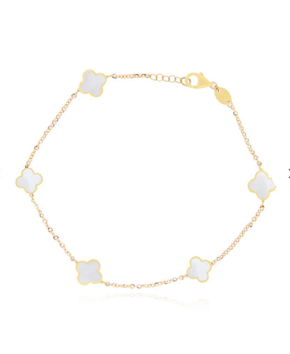 10k Gold Clovers Bracelet with 5 White Flowers, Size 8 for Women