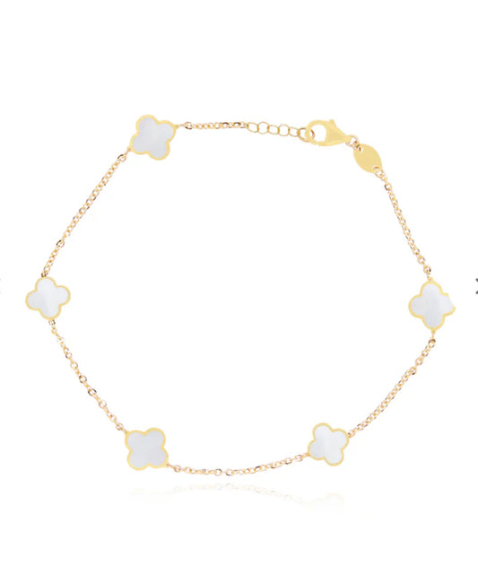 10k Gold Clovers Bracelet with 5 White Flowers, Size 8 for Women