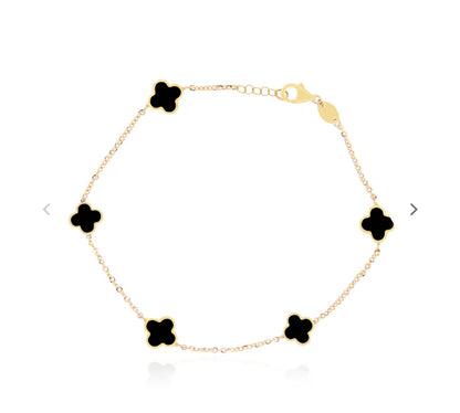 10k gold clover bracelet with 5 black flowers, size 8 for women