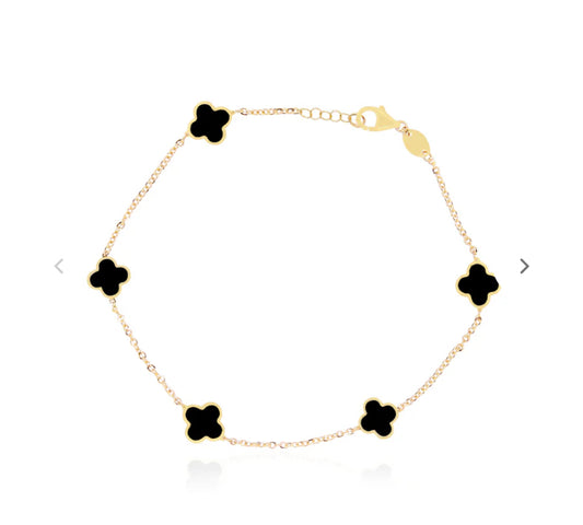 10k gold clover bracelet with 5 black flowers, size 8 for women