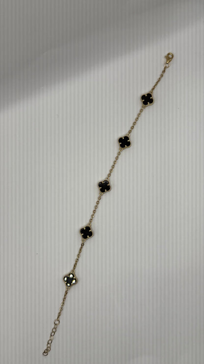 10k gold clover bracelet with 5 black flowers, size 8 for women