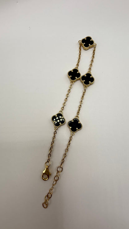 10k gold clover bracelet with 5 black flowers, size 8 for women
