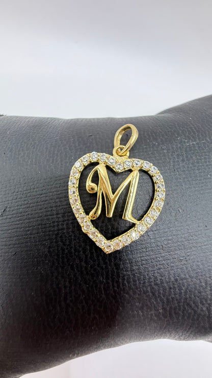 10k gold initial M pendant with a zirconia heart for women