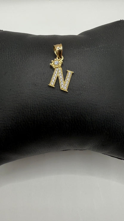 10k gold initial N pendant with zirconia and unisex crown
