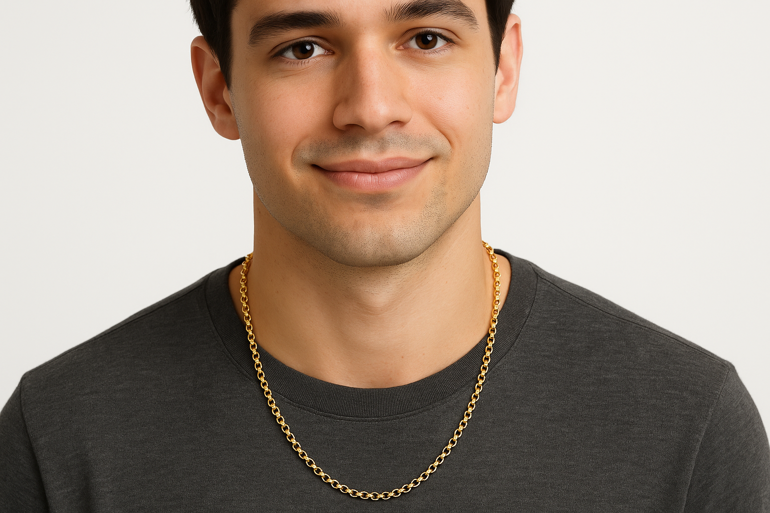 CREA UNA IMAGEN DE UNA CADENA ESTILO ROLO SISE 20 DE 2.5 MM DE ORO 14K, QUE LA TENGA PUESTA UN MUCHACHO 