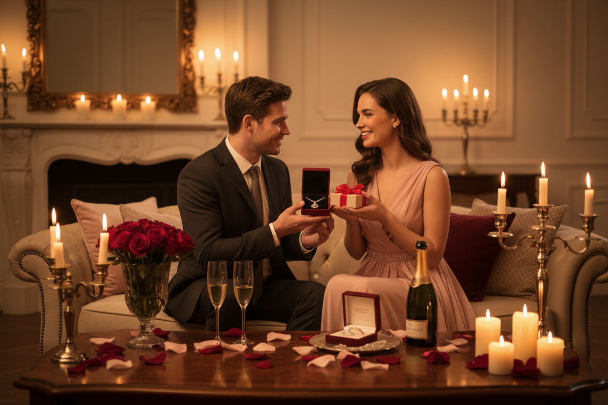 creame una foto par mi vaner de la pagina wed donde sea romantico una pareja regalandose prendas  por san valentin