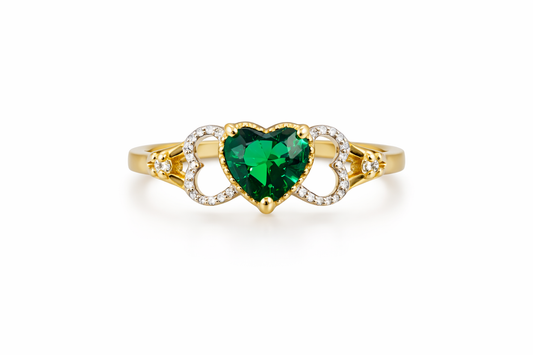 Anillo de oro de 14 k con corazón y piedra verde, talla 8 1/2 para mujer