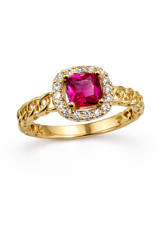 Anillo de oro de 10k con piedra roja y circonita cúbica, talla 6 1/2 para mujer