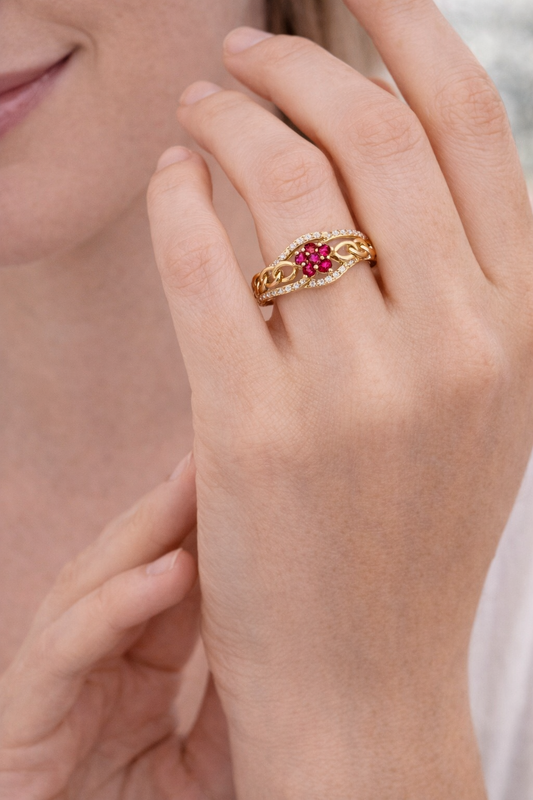 Anillo de oro de 14 k con eslabones y circonitas cúbicas, diseño de flor roja, talla 8 para mujer