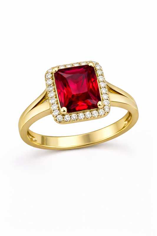 Anillo de oro de 14 k con piedra roja cuadrada y circonita cúbica, talla 8 para mujer