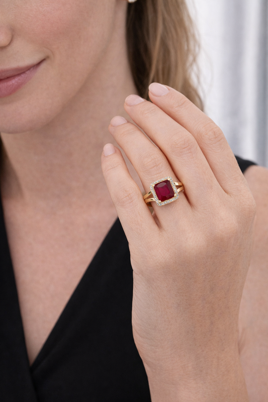 Anillo de oro de 14 k con piedra roja cuadrada y circonita cúbica, talla 8 para mujer