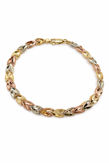 Pulsera de hoja tricolor de oro de 10 quilates para mujer, 7 1/2 pulgadas (5,89 mm)