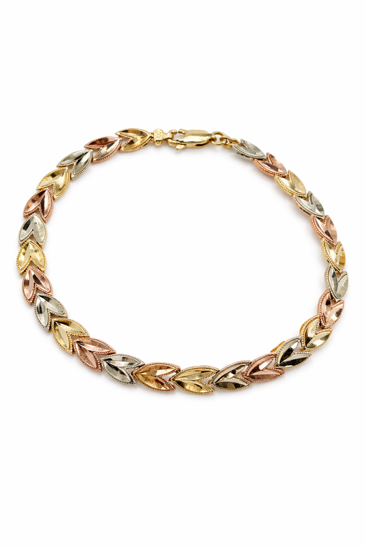 Pulsera de hoja tricolor de oro de 10 quilates para mujer, 7 1/2 pulgadas (5,89 mm)