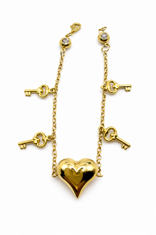 Pulsera de cadena rolo con forma de corazón en oro de 14 quilates para mujer, 18 cm