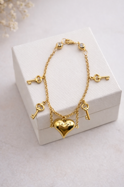 Pulsera de cadena rolo con forma de corazón en oro de 14 quilates para mujer, 18 cm