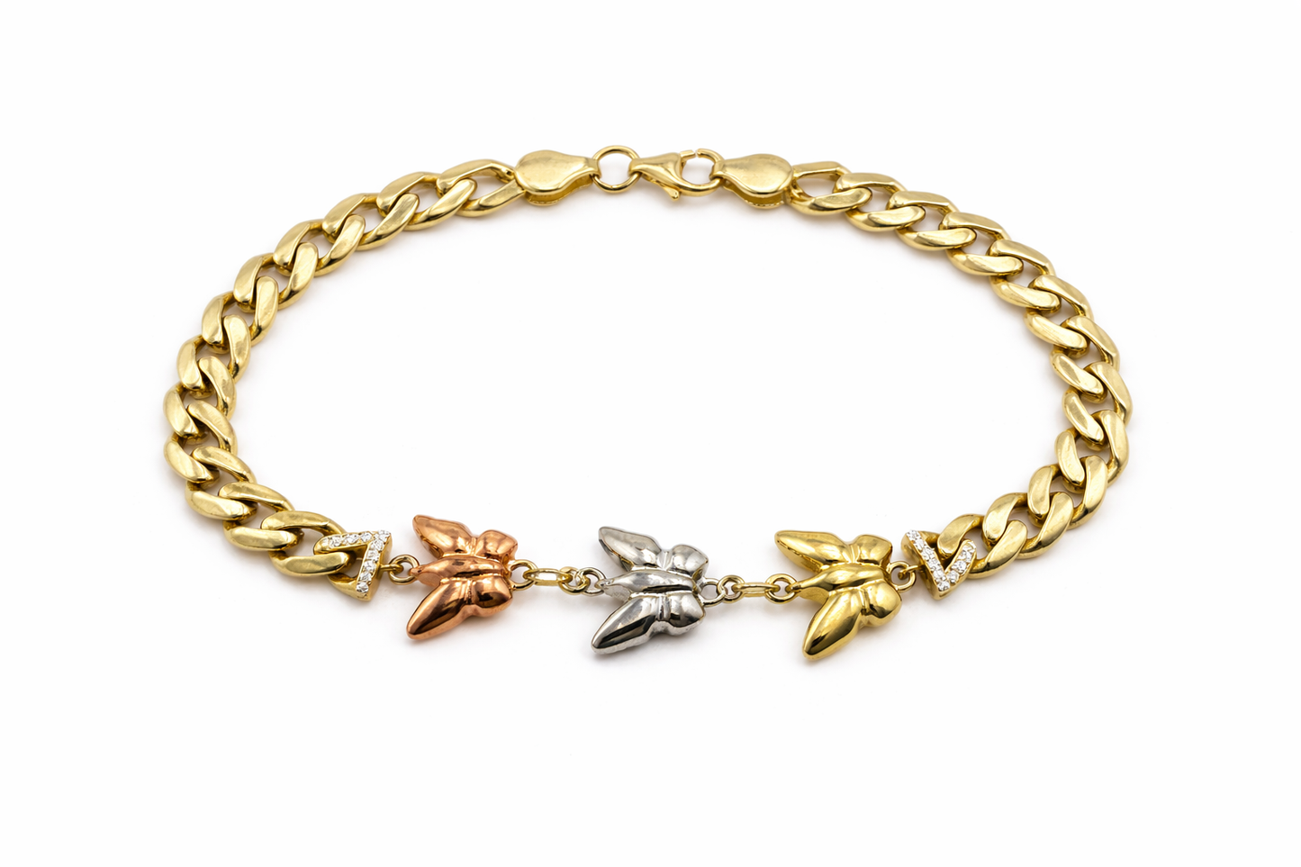 Pulsera de oro de 14 quilates con tres mariposas tricolores para mujer de 7 1/2 pulgadas