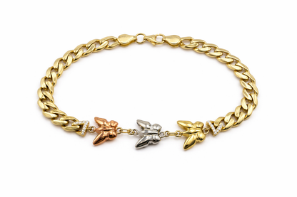 Pulsera de oro de 14 quilates con tres mariposas tricolores para mujer de 7 1/2 pulgadas
