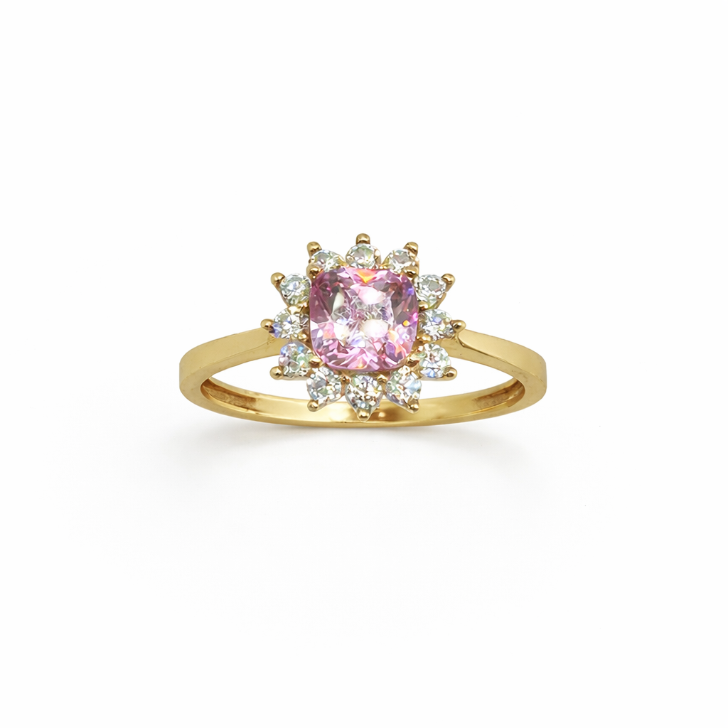 10k Gold Ring with Pink Stone and Cubic Zirconia, Women's Size 6 3/4