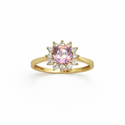Anillo de oro de 10k con piedra rosa y circonita cúbica, talla 6 3/4 para mujer