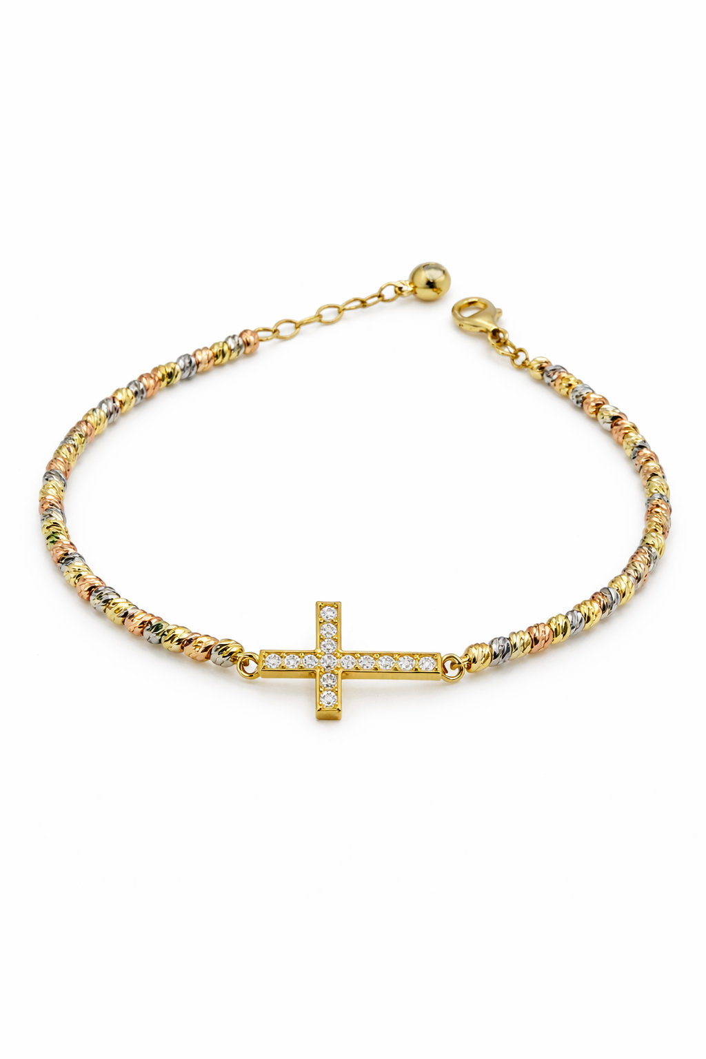 Pulsera de oro de 14 quilates con cuentas tricolores, cruz y circonitas cúbicas para mujer, 18 cm