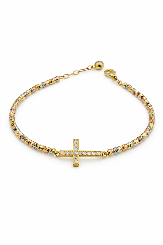 Pulsera de oro de 14 quilates con cuentas tricolores, cruz y circonitas cúbicas para mujer, 18 cm