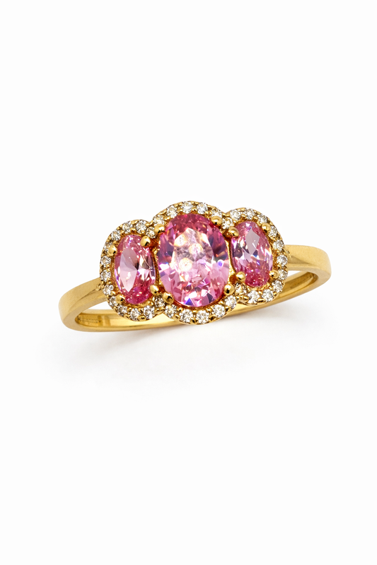 Anillo de oro de 14 quilates con circonitas rosas, talla 8 para mujer