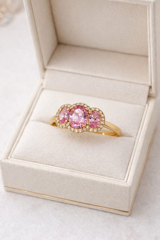 Anillo de oro de 14 quilates con circonitas rosas, talla 8 para mujer