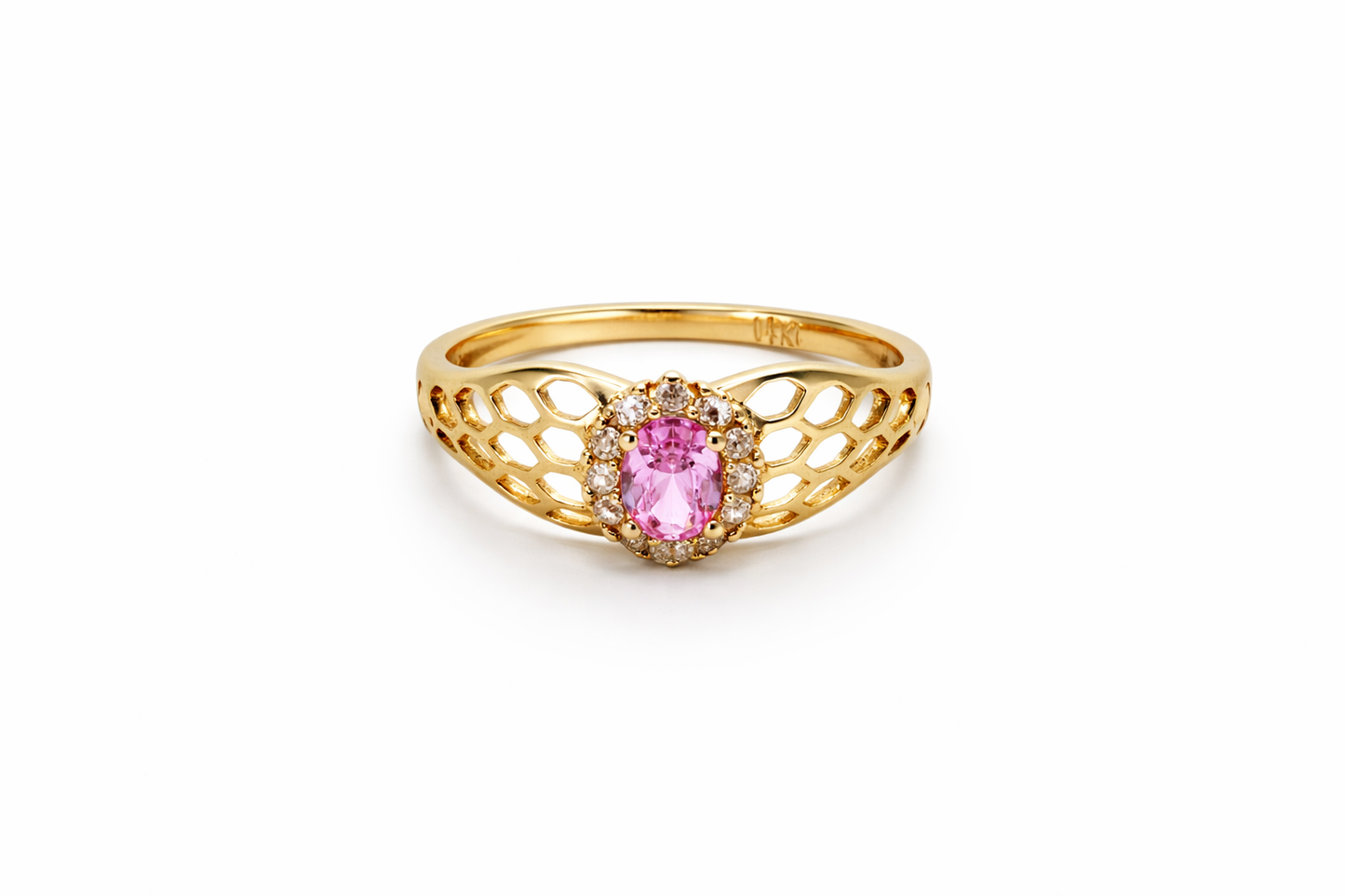 Anillo de oro de 14 quilates con piedra rosa, talla 8 para mujer