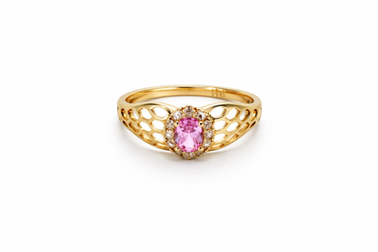 Anillo de oro de 14 quilates con piedra rosa, talla 8 para mujer
