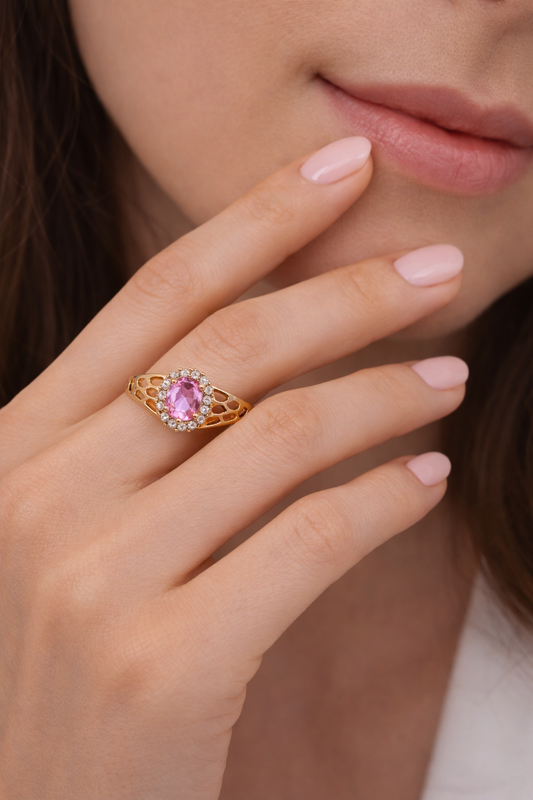 Anillo de oro de 14 quilates con piedra rosa, talla 8 para mujer