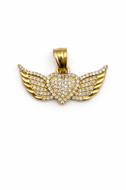 14k Gold Heart and Wings Pendant for Women, 14mm x 21mm