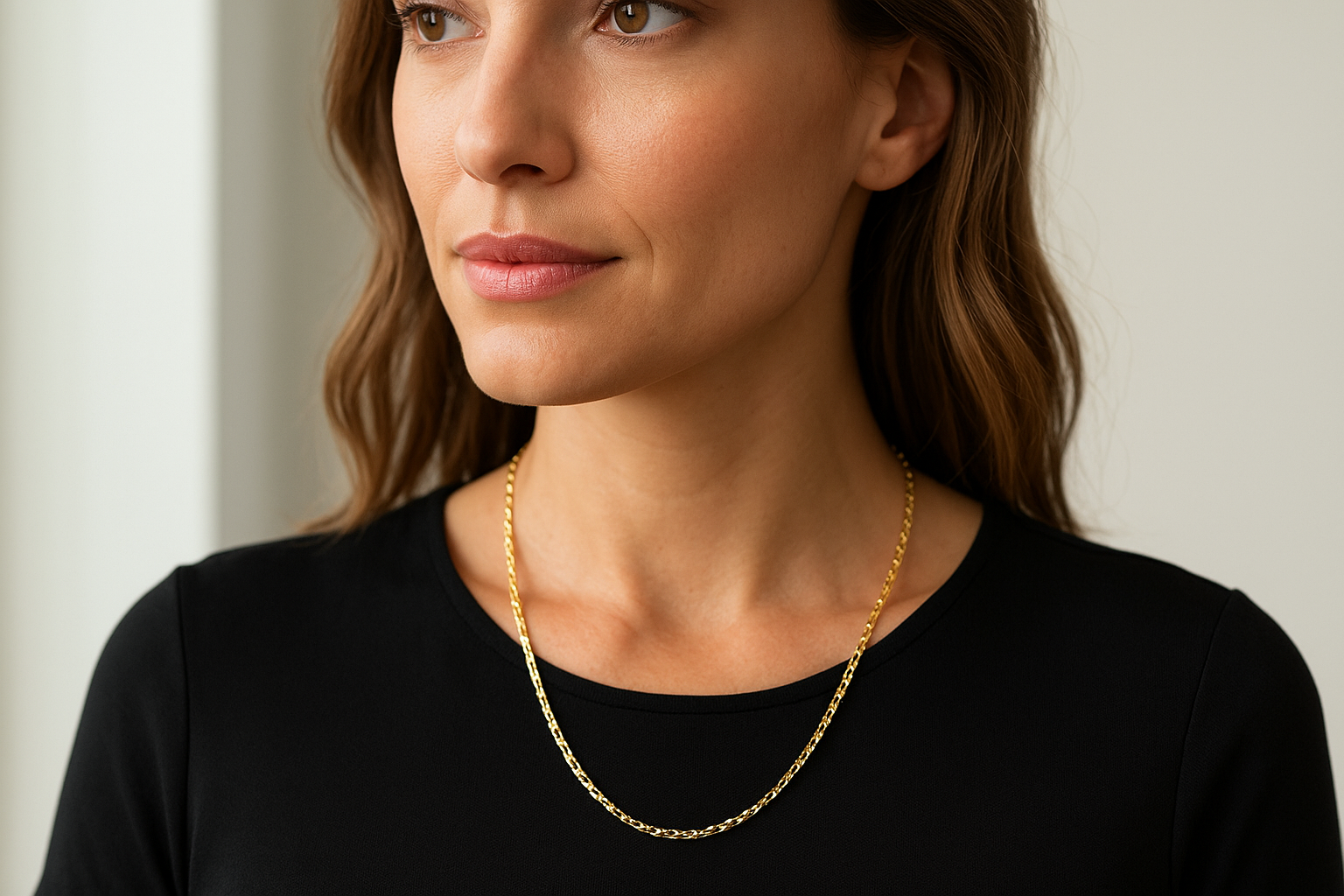 Mujer elegante usando la cadena de oro