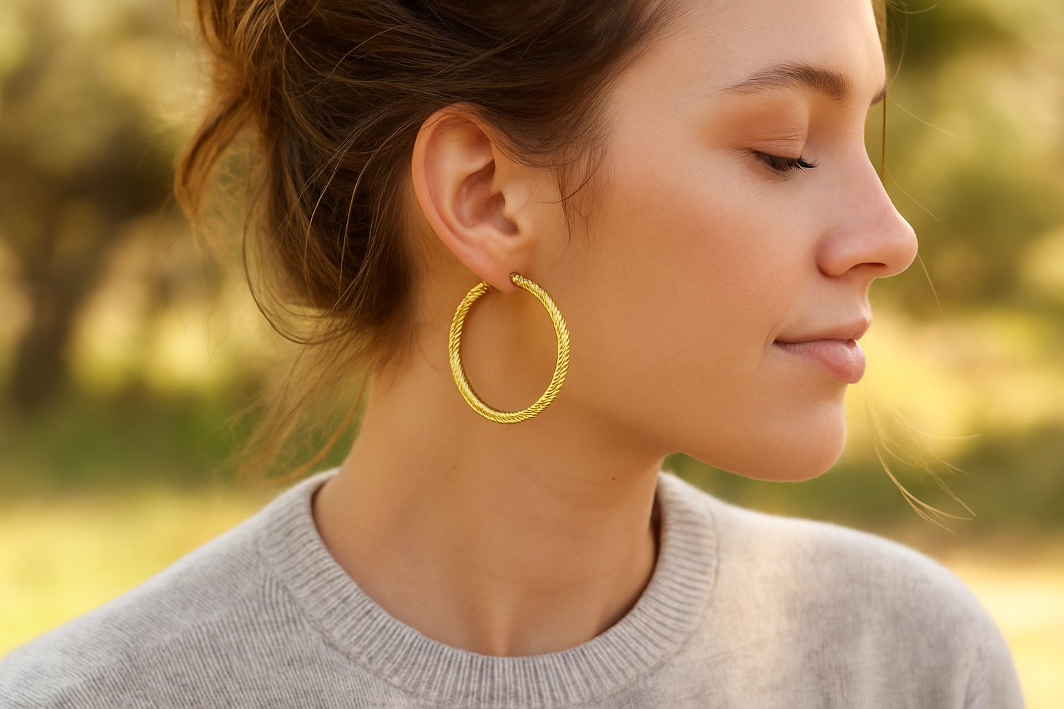 Mujer usando argollas de oro con grosor talla 4